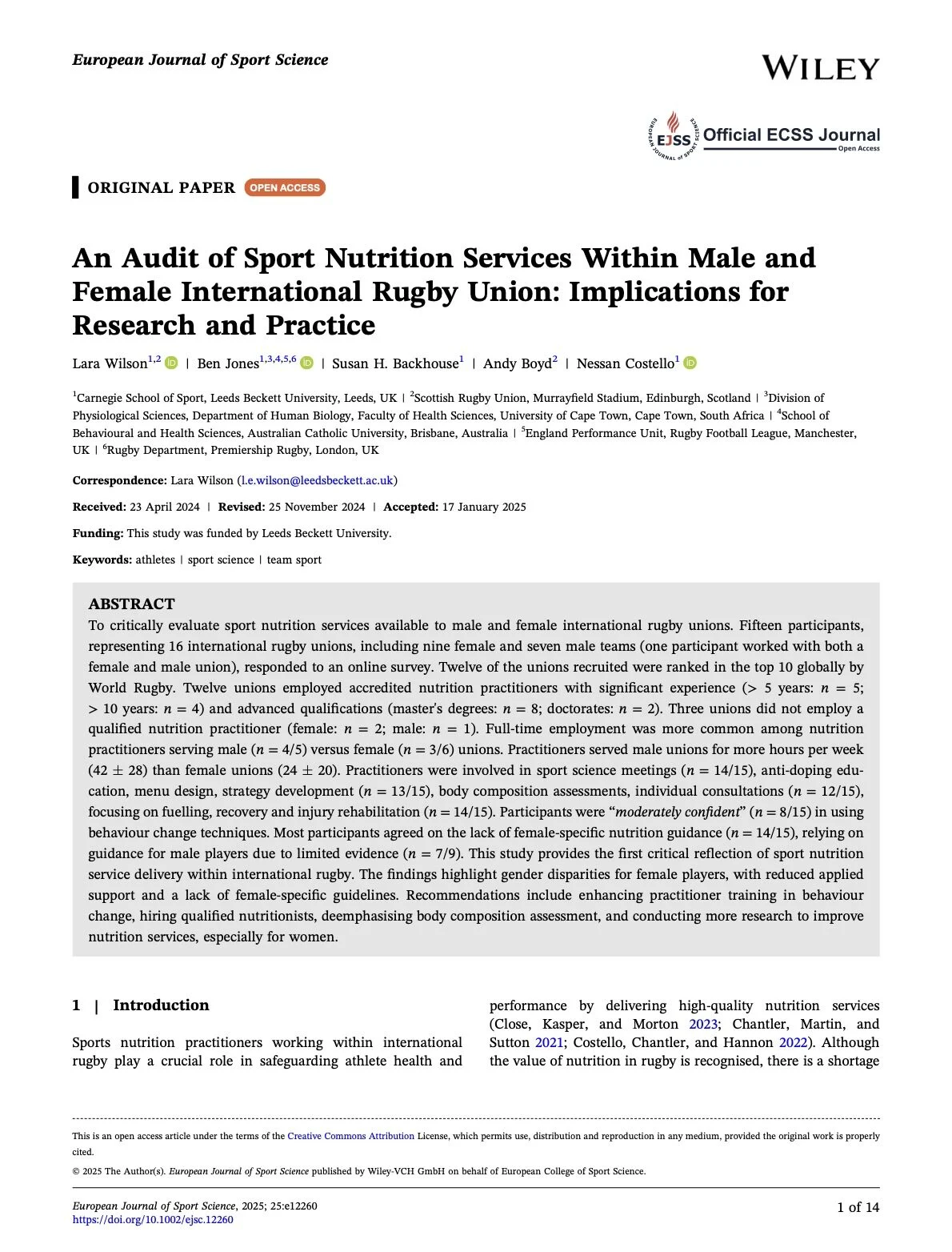 An Audit of Sport Nutrition Services Within Male and Female International Rugby Union, Implications for Research and Practice