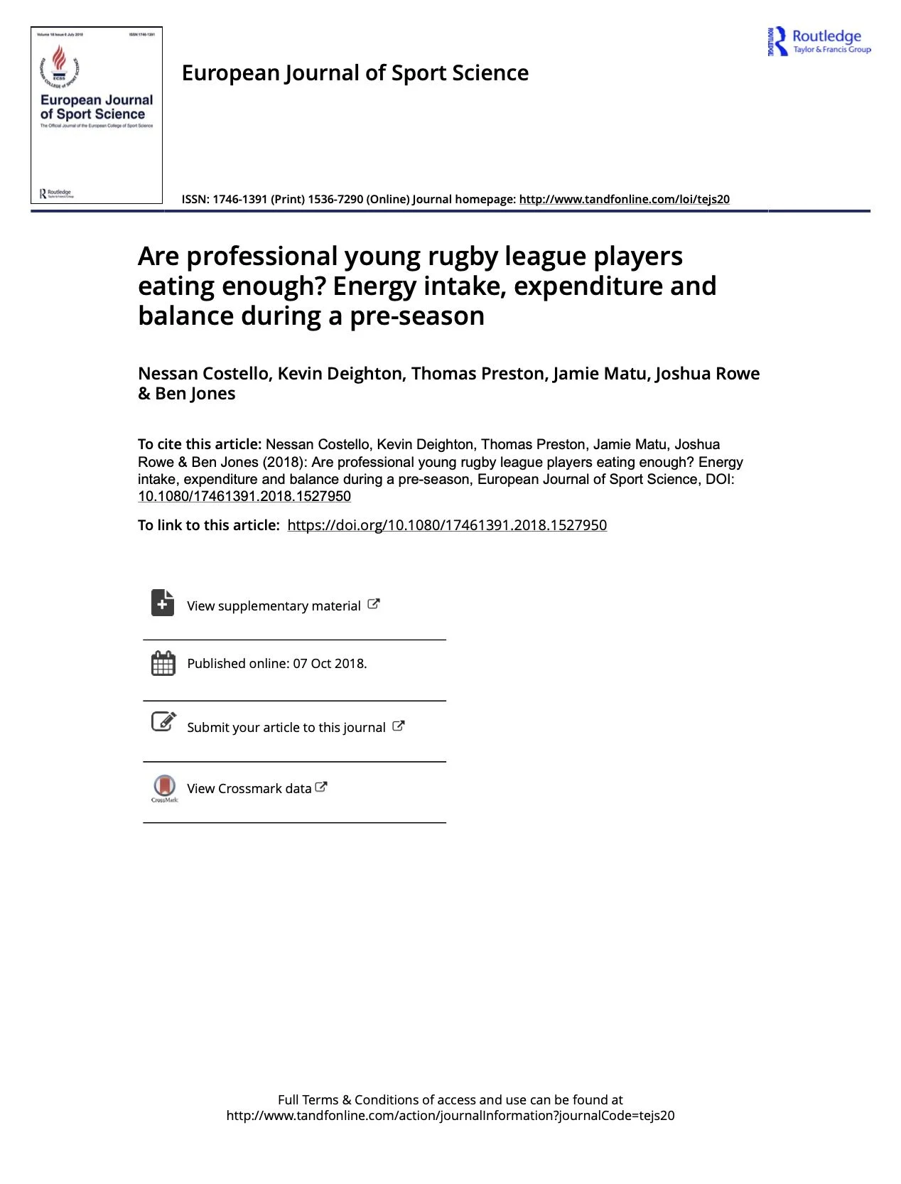 Are professional young rugby league players eating enough? Energy intake, expenditure and balance during a pre season