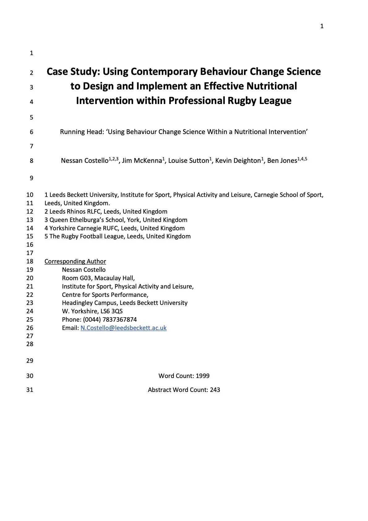 Case Study Using Contemporary Behaviour Change Science to Design and Implement an Effective Nutritional Intervention within Professional Rugby League