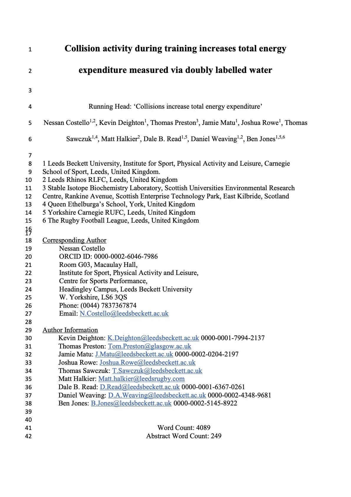 Collision activity during training increases total energy expenditure measured via doubly labelled water