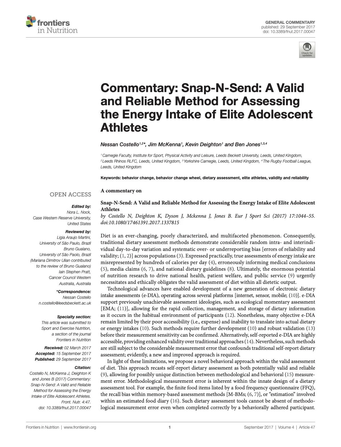 Commentary Snap N Send A Valid and Reliable Method for Assessing the Energy Intake of Elite Adolescent Athletes