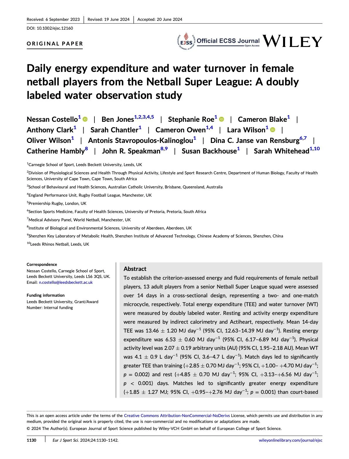 Daily energy expenditure and water turnover in female netball players from the Netball Super League A doubly labeled water observation study
