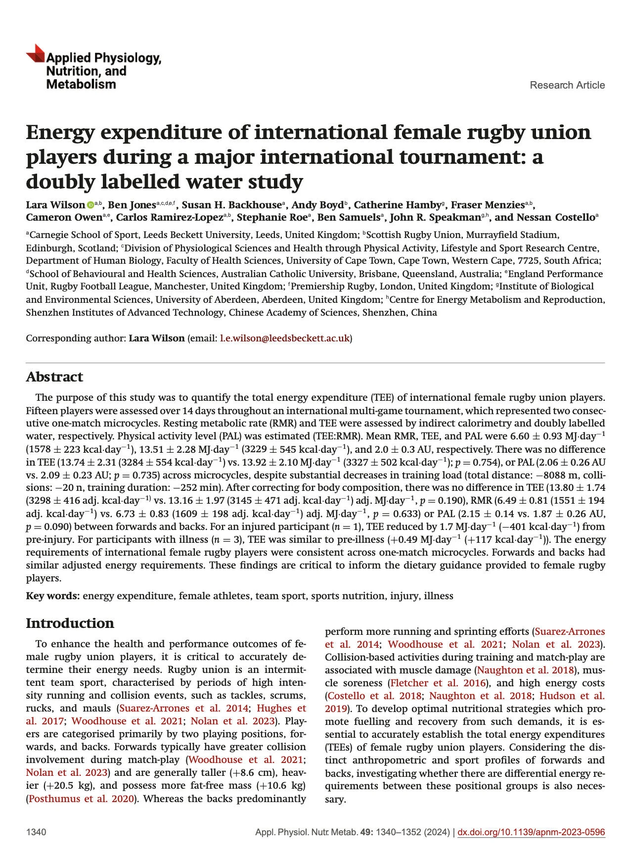 Energy expenditure of international female rugby union players during a major international tournament a doubly labelled water study
