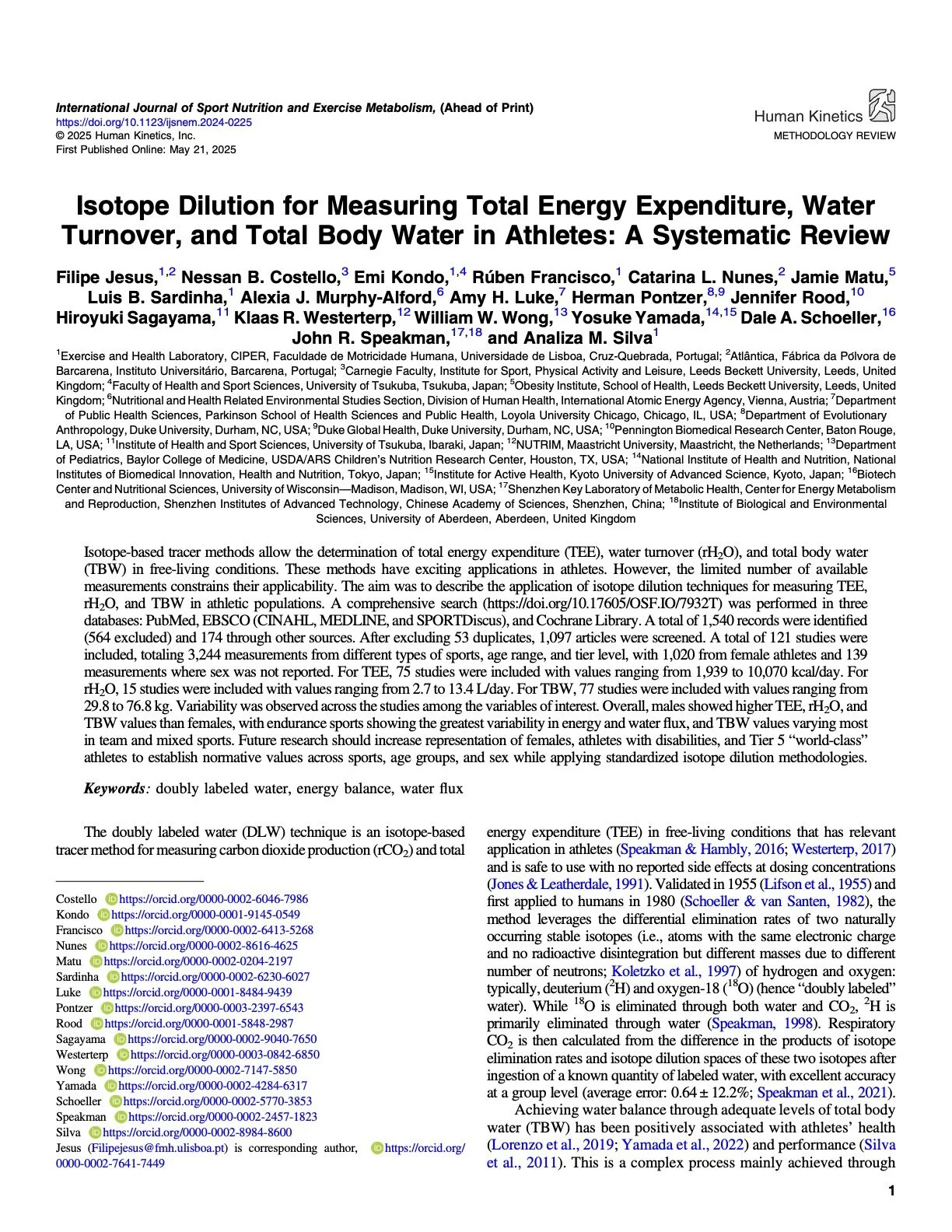 Isotope Dilution for Measuring Total Energy Expenditure, Water Turnover, and Total Body Water in Athletes: A Systematic Review