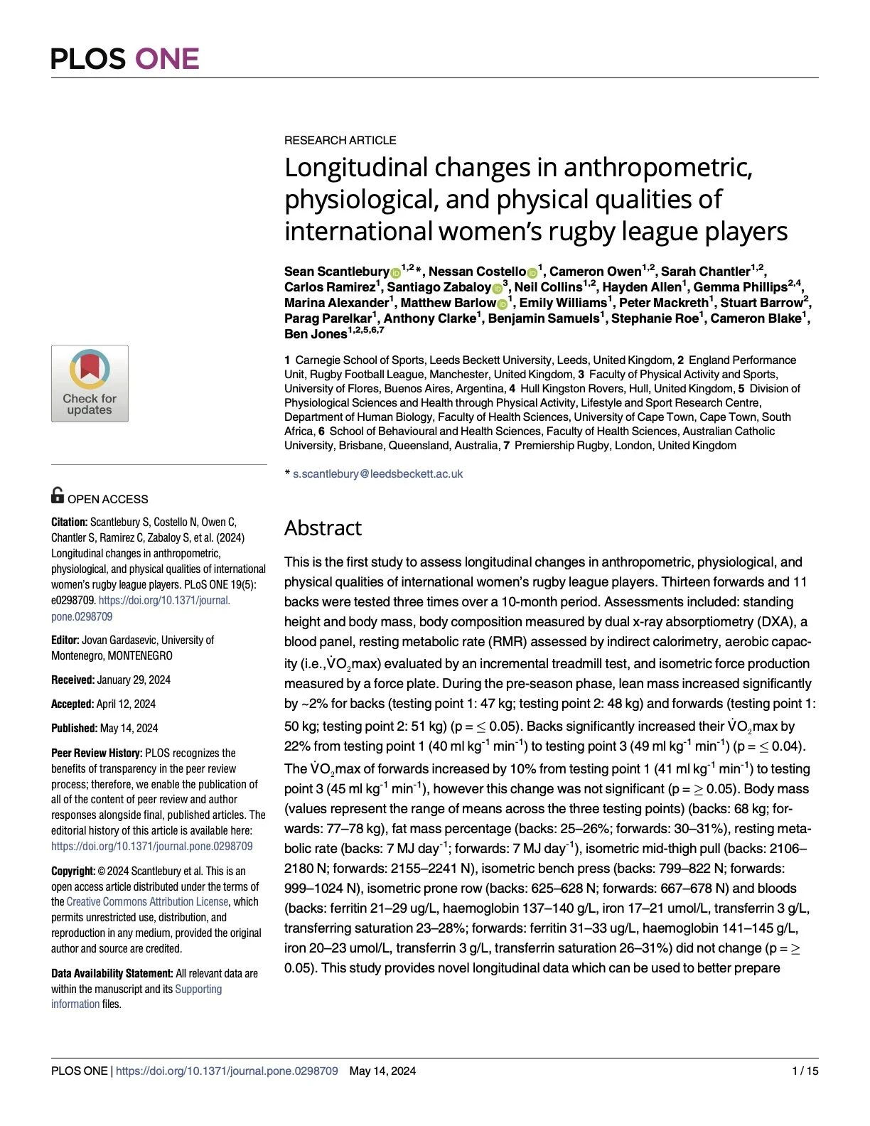 Longitudinal changes in anthropometric, physiological, and physical qualities of international women’s rugby league players