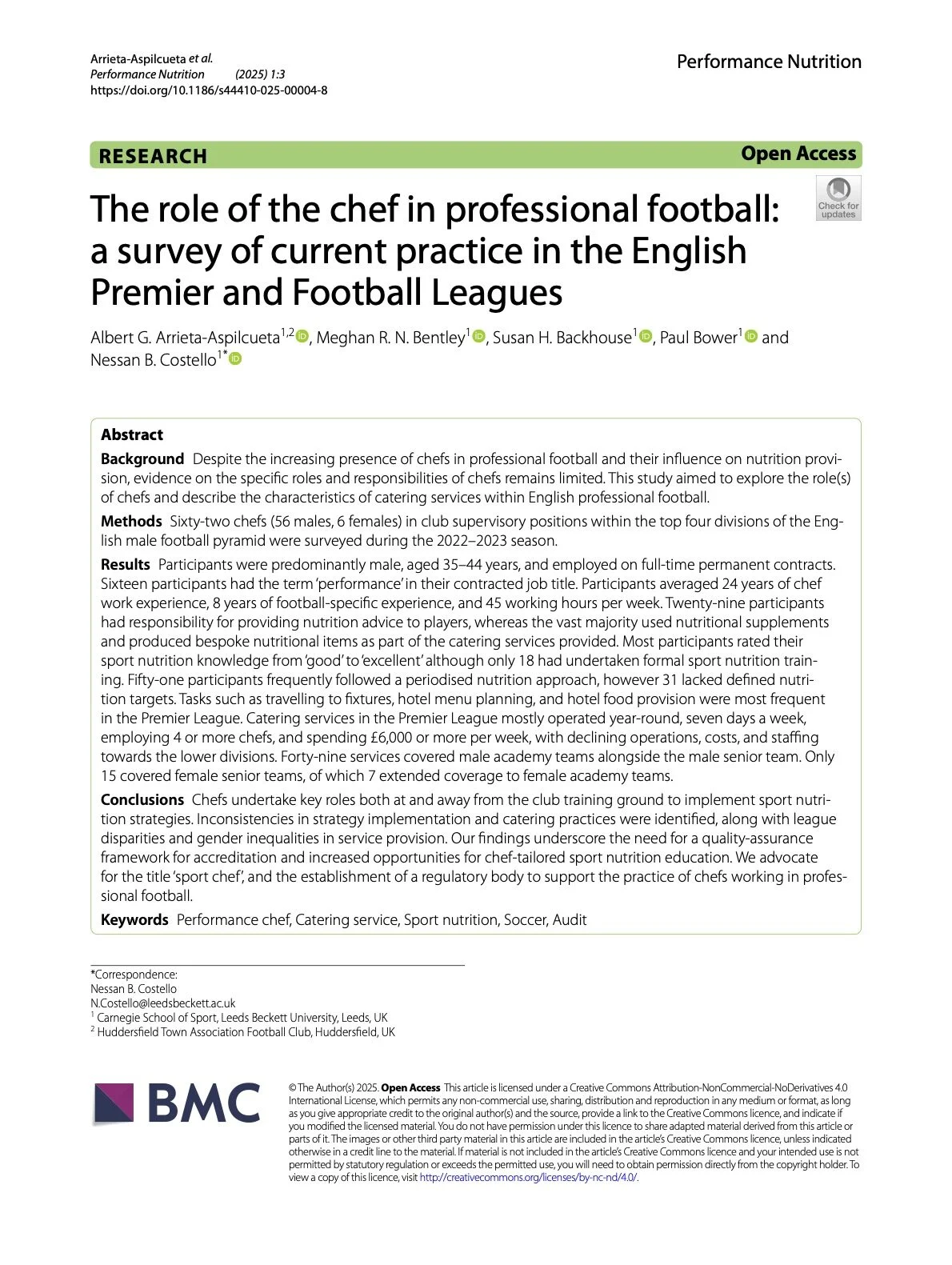 The role of the chef in professional football: a survey of current practice in the English Premier and Football Leagues