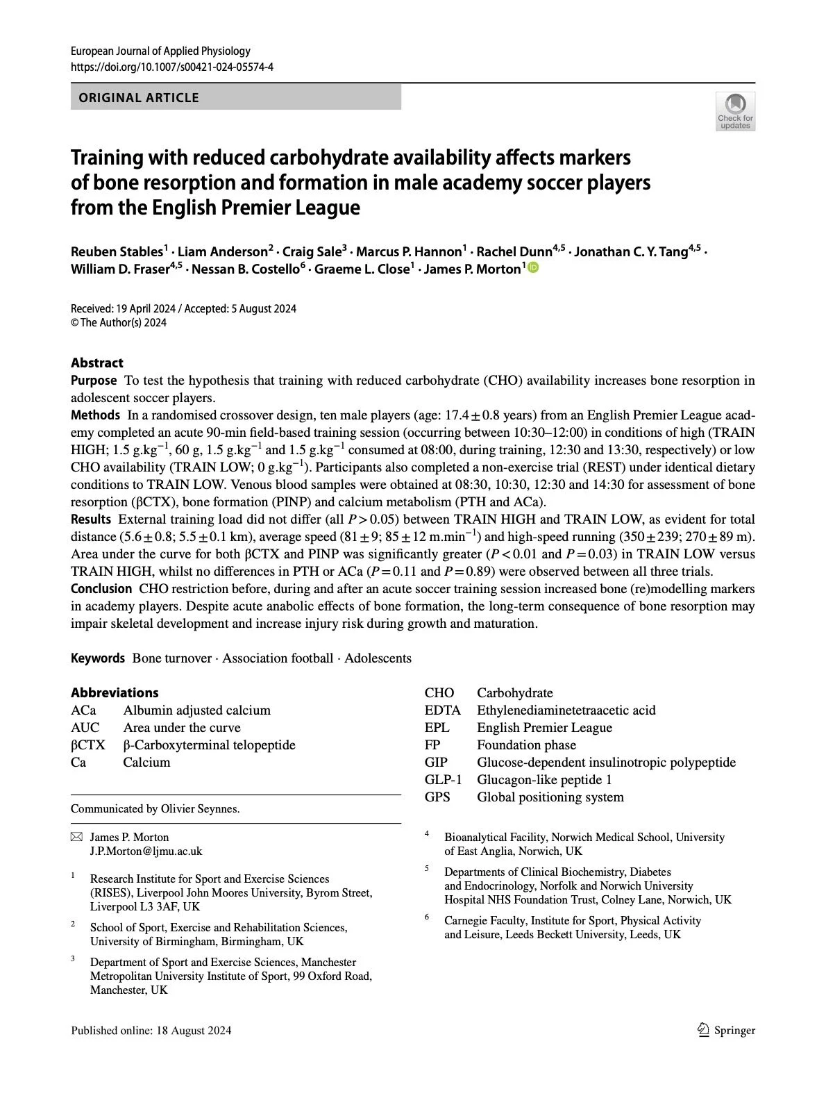 Training with reduced carbohydrate availability affects markers of bone resorption and formation in male academy soccer players from the English Premier League